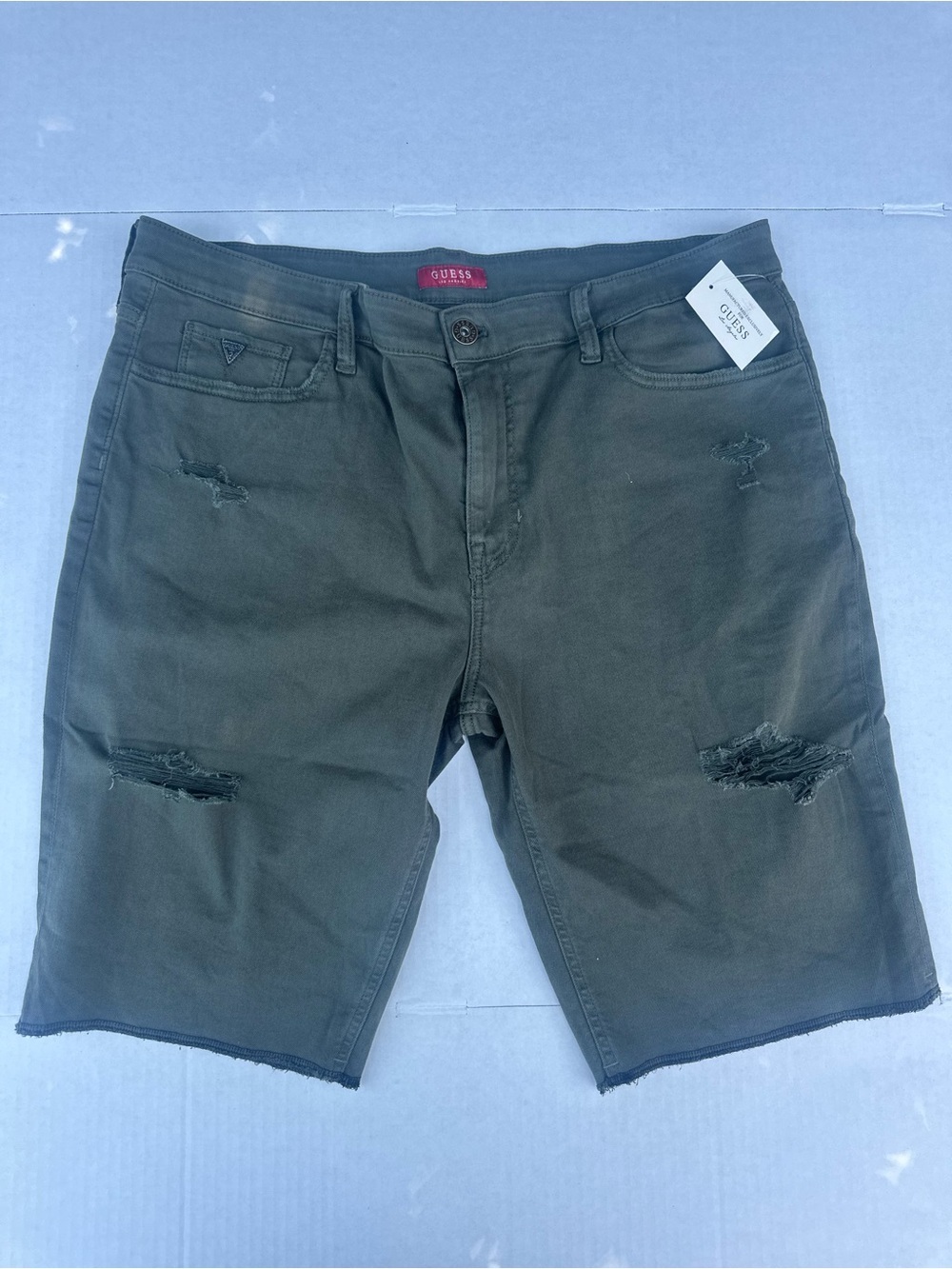 GUESS Men's Olive Green Distressed Denim Shorts
